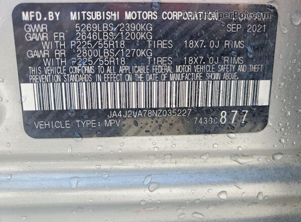 JA4J2VA78NZ035227 2022 MITSUBISHI OUTLANDER Silver 