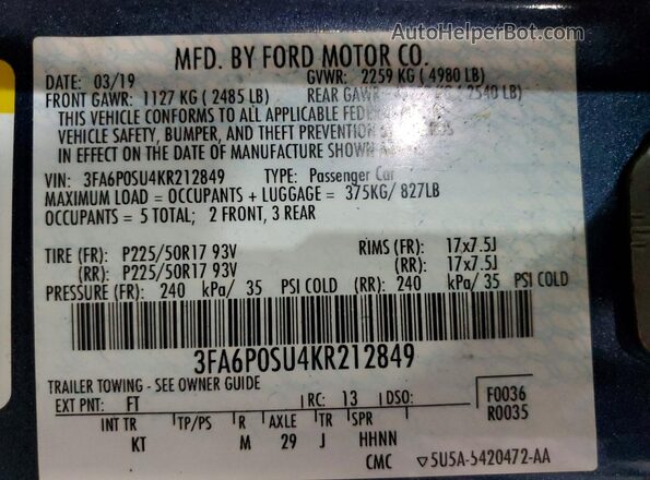 3FA6P0SU4KR212849 2019 FORD FUSION Blue 