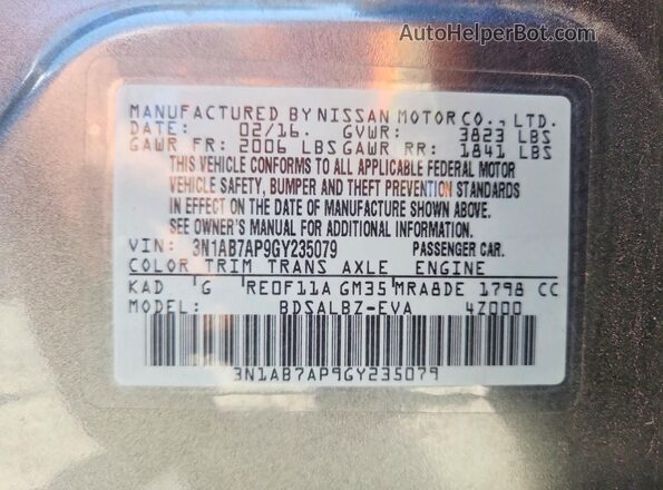 3N1AB7AP9GY235079 2016 NISSAN SENTRA Gray 