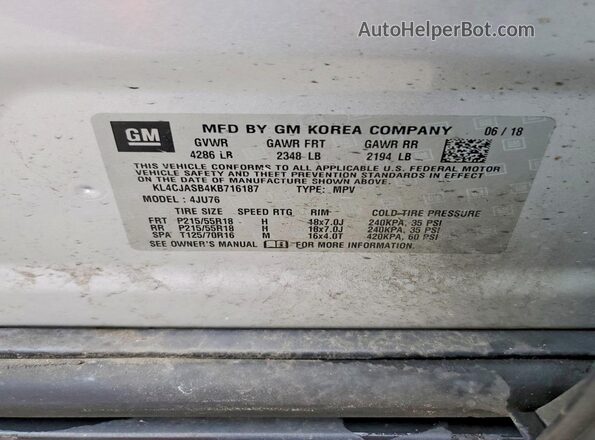 KL4CJASB4KB716187 2019 BUICK ENCORE Silver Vista interior de 360 grados