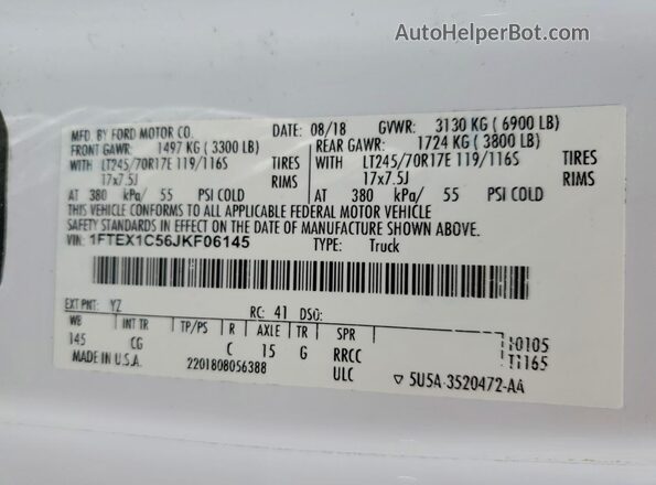 1FTEX1C56JKF06145 2018 FORD F150 Белый Вид наклейки с VIN-кодом