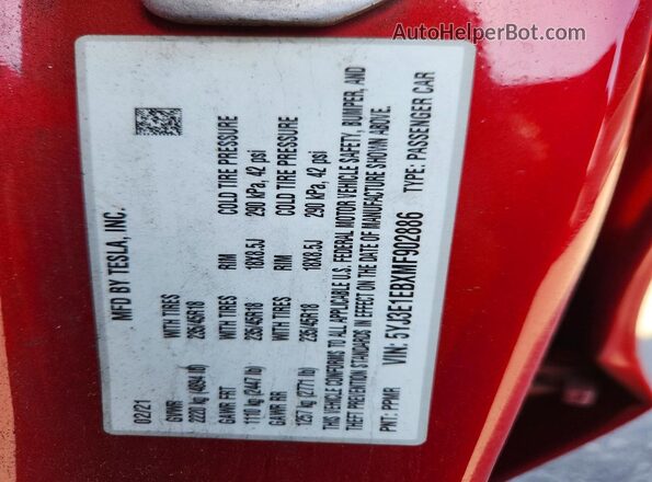 5YJ3E1EBXMF902886 2021 TESLA MODEL Red VIN կոդի պիտակի տեսք