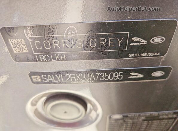SALYL2RX3JA735095 2018 LAND ROVER RANGE Gray Widok naklejki z numerem VIN