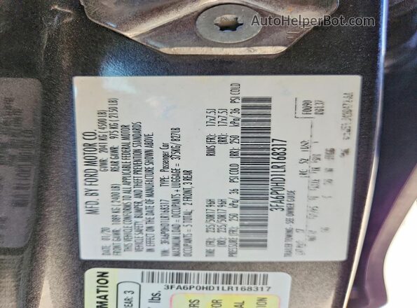 3FA6P0HD1LR168317 2020 FORD FUSION Gray Вид наклейки з VIN-кодом