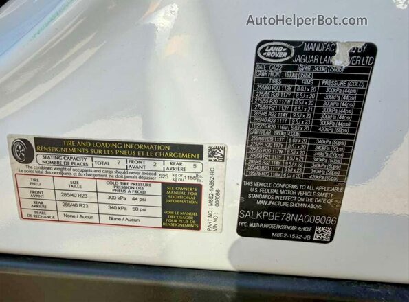 SALKPBE78NA008086 2022 LAND ROVER RANGE Белый 