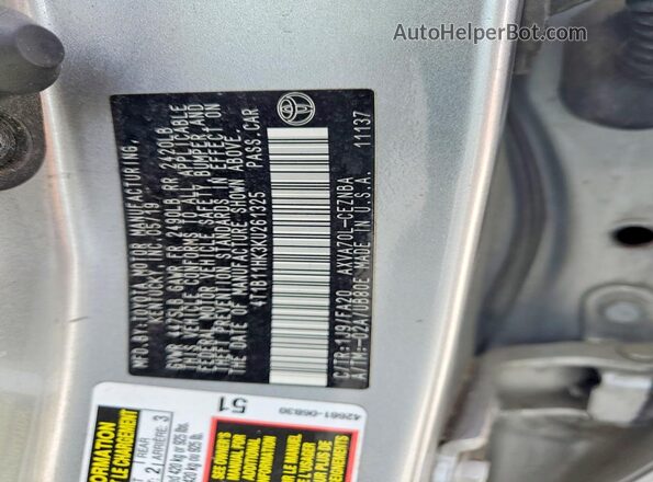 4T1B11HK3KU261325 2019 TOYOTA CAMRY Silver Vista de la etiqueta del VIN