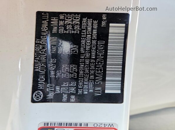 5NMJE3AE2NH024910 2022 HYUNDAI TUCSON Белый Панорамный вид салона 360°