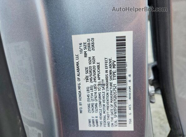 5FNYF5H97GB057521 2016 HONDA PILOT Silver 