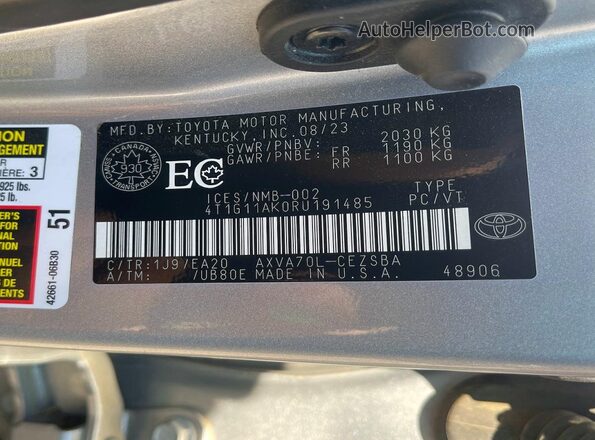 4T1G11AK0RU191485 2024 TOYOTA CAMRY Silver უკანა სალონის ხედი