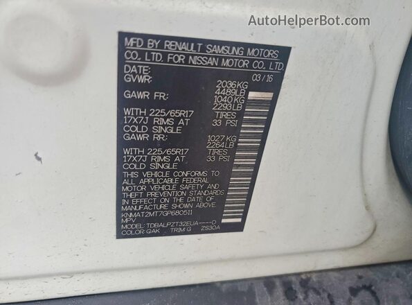 KNMAT2MT7GP680511 2016 NISSAN ROGUE White 
