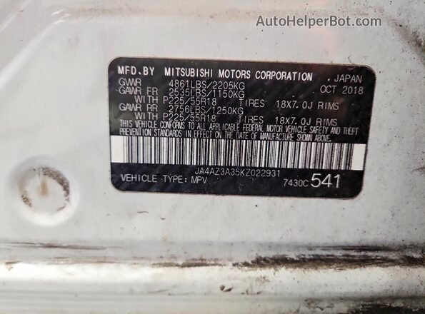 JA4AZ3A35KZ022931 2019 MITSUBISHI OUTLANDER White 