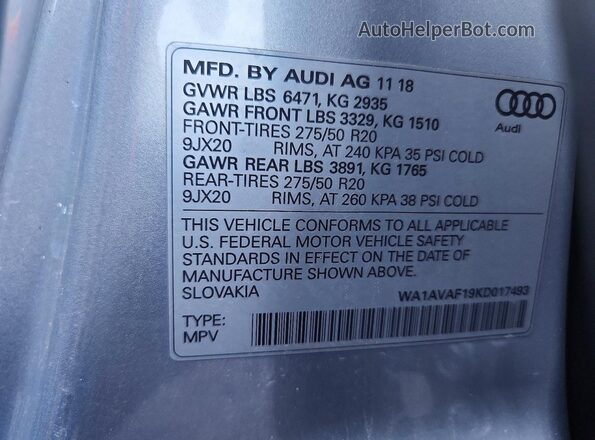 WA1AVAF19KD017493 2019 AUDI Q8 Black VIN კოდის სტიკერის ხედი