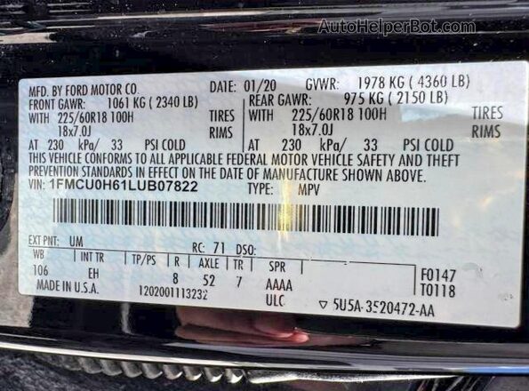 1FMCU0H61LUB07822 2020 FORD ESCAPE Black 