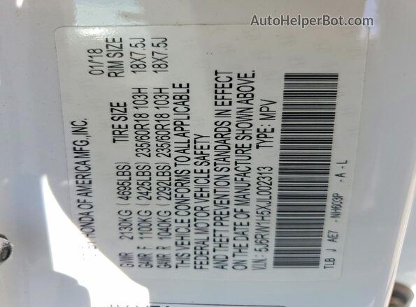 5J6RW1H5XJL002313 2018 HONDA CR-V White 