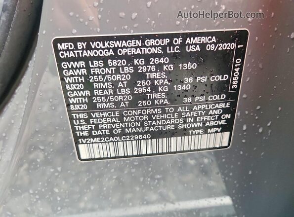 1V2ME2CA0LC229640 2020 VOLKSWAGEN ATLAS Gray Вид наклейки з VIN-кодом