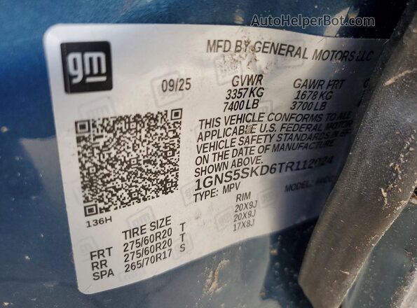 1GNS5SKD6TR112024 2026 CHEVROLET TAHOE Blue Vista interior de 360 grados