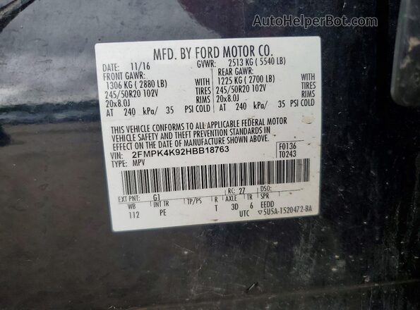 2FMPK4K92HBB18763 2017 FORD EDGE Black Vista interior de 360 grados