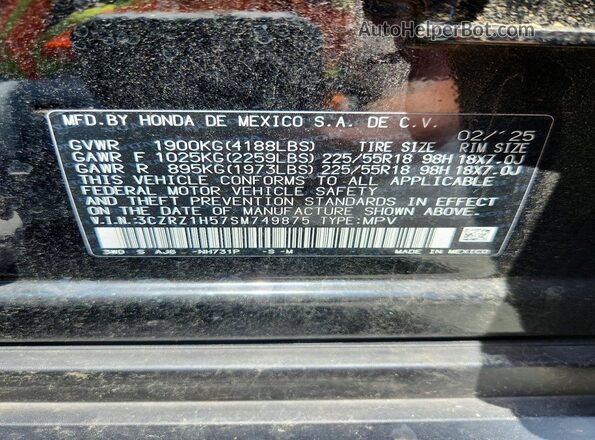 3CZRZ1H57SM749875 2025 HONDA HR-V Black Вид наклейки з VIN-кодом