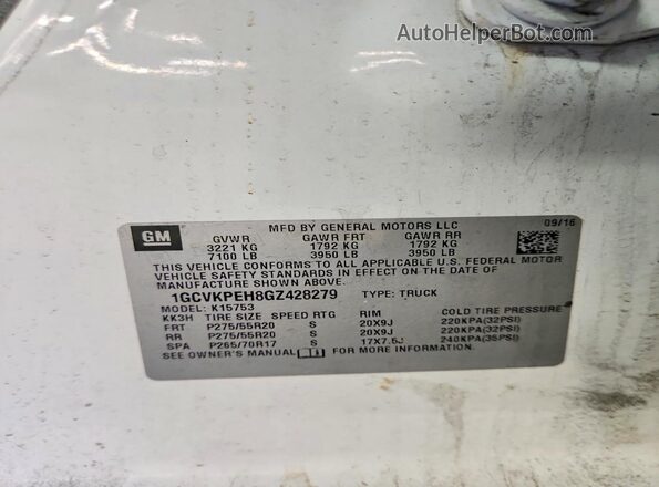 1GCVKPEH8GZ428279 2016 CHEVROLET SILVERADO White Widok naklejki z numerem VIN