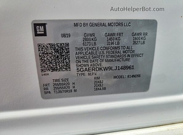 5GAERDKW9LJ148961 2020 BUICK ENCLAVE White 