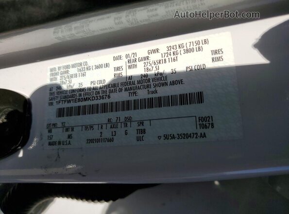1FTFW1E80MKD33676 2021 FORD F150 White 