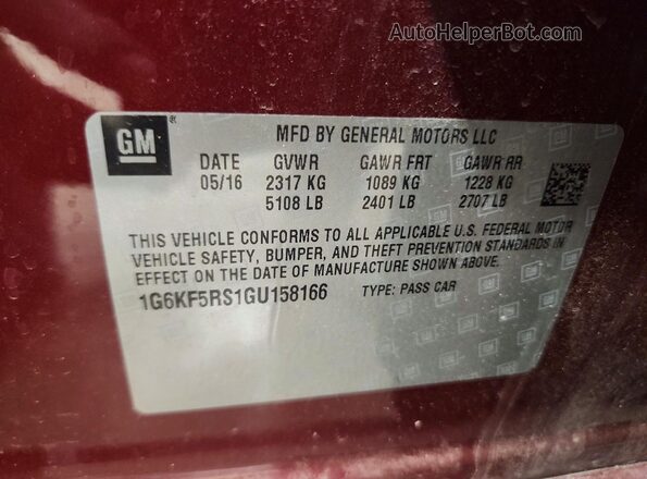 1G6KF5RS1GU158166 2016 CADILLAC CT6 Red VIN კოდის სტიკერის ხედი