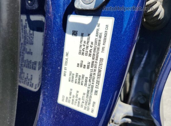 5YJ3E1EB2NF278700 2022 TESLA MODEL Синий Вид наклейки с VIN-кодом