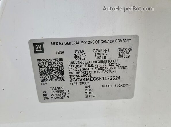 2GCVKMEC6K1173524 2019 CHEVROLET SILVERADO White 