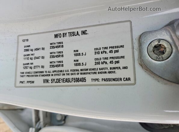 5YJ3E1EA5LF598405 2020 TESLA MODEL White 
