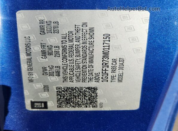 1G1FF1R73M0117150 2021 CHEVROLET CAMARO Blue 