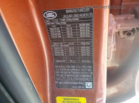 SALCL2FX7MH883423 2021 LAND ROVER DISCOVERY Orange Սալոնի 360 աստիճան տեսք