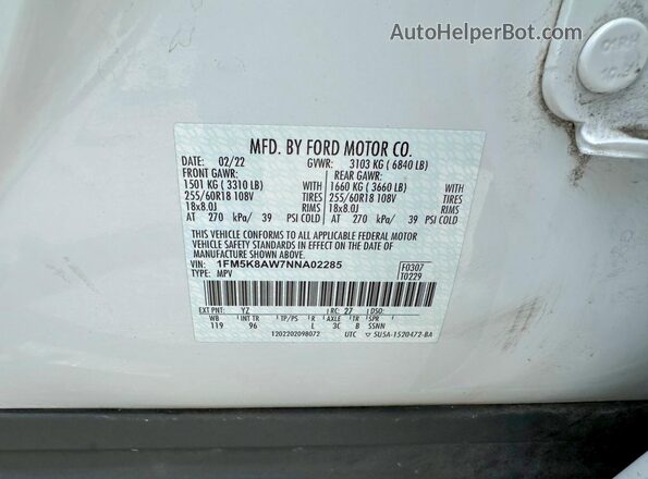 1FM5K8AW7NNA02285 2022 FORD EXPLORER White 