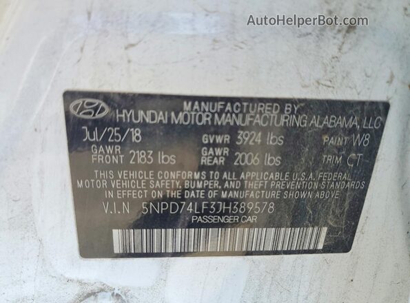 5NPD74LF3JH389578 2018 HYUNDAI ELANTRA White VIN կոդի պիտակի տեսք