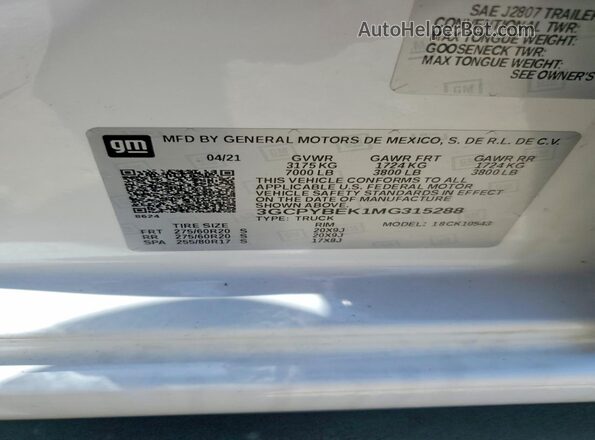 3GCPYBEK1MG315288 2021 CHEVROLET SILVERADO White 