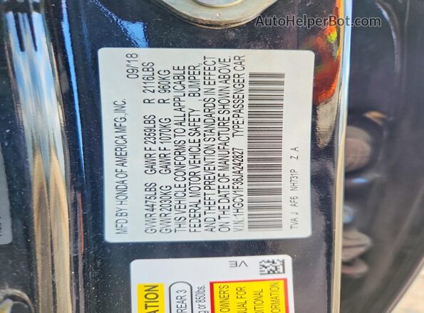 1HGCV1F36JA242827 2018 HONDA ACCORD Black 