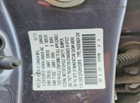 2HGFC2F62KH533816 2019 HONDA CIVIC Gray Widok naklejki z numerem VIN