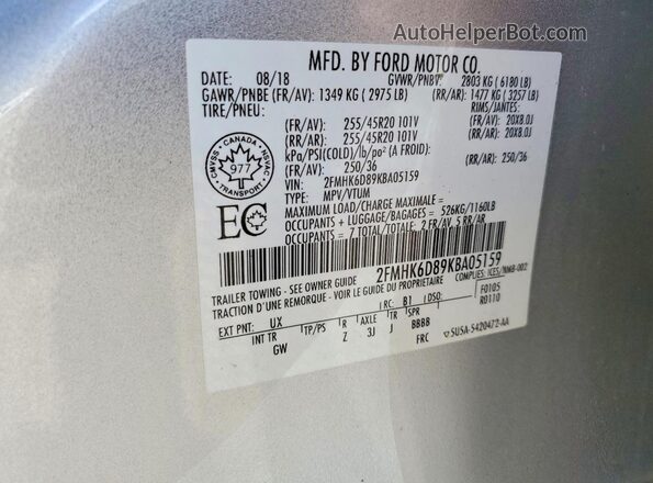 2FMHK6D89KBA05159 2019 FORD FLEX Silver Widok wnętrza 360 stopni