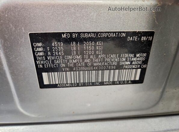 4S3BNAB64K3007696 2019 SUBARU LEGACY Silver 
