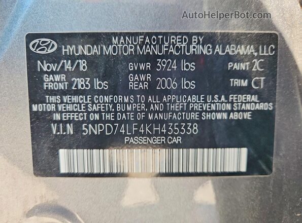 5NPD74LF4KH435338 2019 HYUNDAI ELANTRA Gray 
