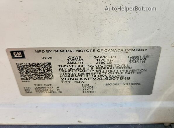 2GNAXKEVXL6207949 2020 CHEVROLET EQUINOX White Панорамний вид салону 360°