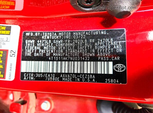 4T1S11AK7NU031432 2022 TOYOTA CAMRY Red Շարժիչի բաժամունքի տեսք