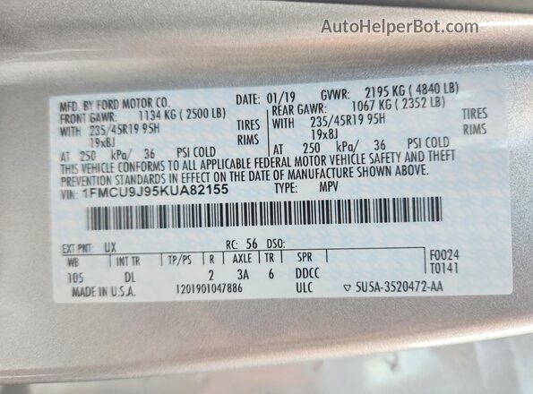 1FMCU9J95KUA82155 2019 FORD ESCAPE Silver Widok wnętrza 360 stopni