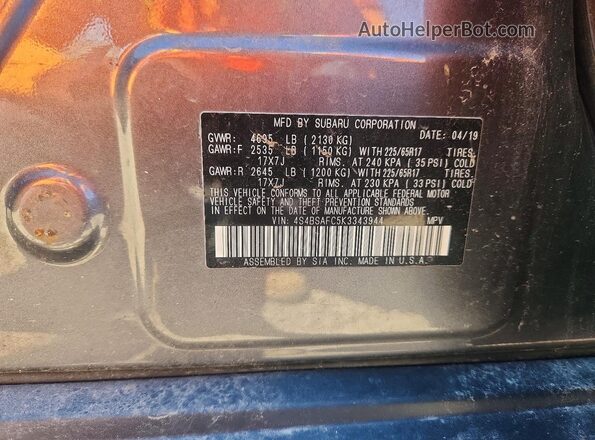 4S4BSAFC5K3343944 2019 SUBARU OUTBACK Gray 