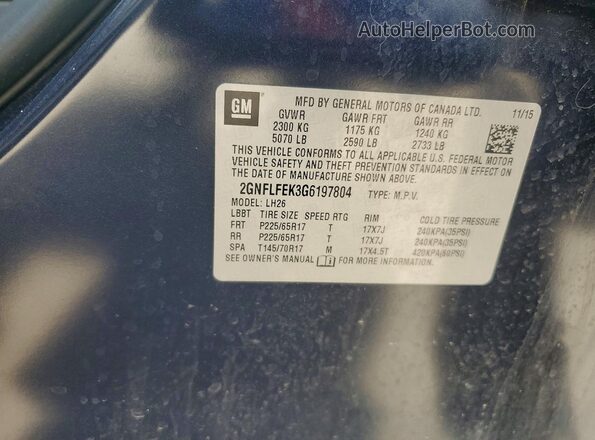 2GNFLFEK3G6197804 2016 CHEVROLET EQUINOX Blue VIN კოდის სტიკერის ხედი