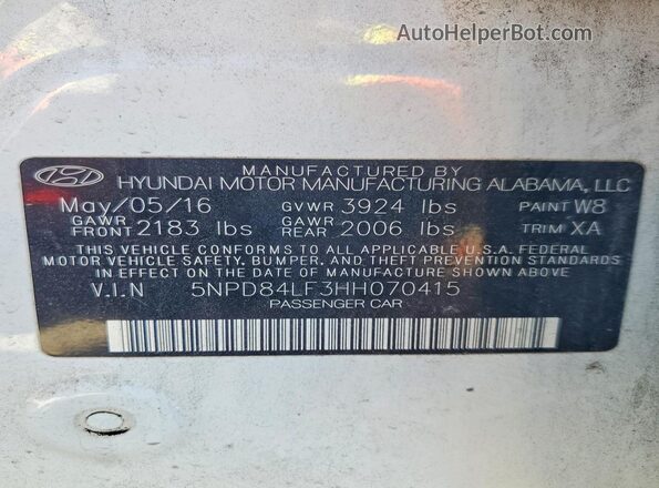 5NPD84LF3HH070415 2017 HYUNDAI ELANTRA White 