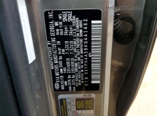 5XYPH4A58KG441462 2019 KIA SORENTO Gray Vista interior de 360 grados