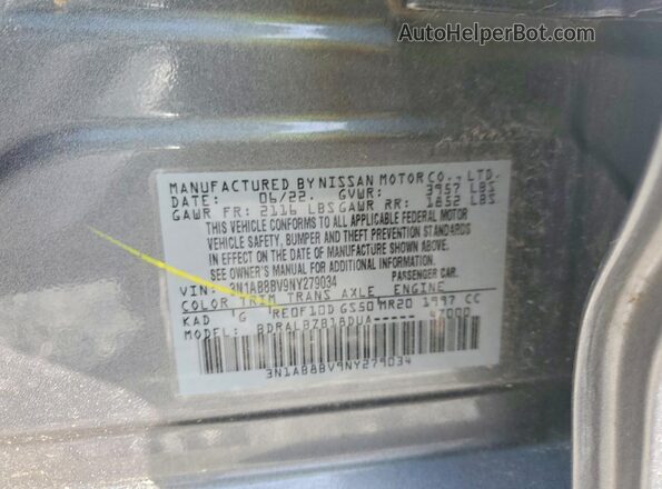 3N1AB8BV9NY279034 2022 NISSAN SENTRA Gray 