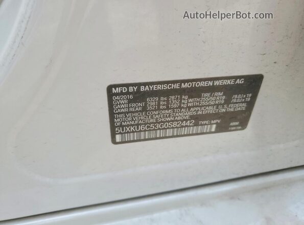 5UXKU6C53G0S82442 2016 BMW X6 White VIN კოდის სტიკერის ხედი