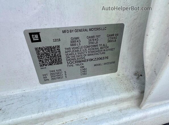 1GCRWAEF0KZ206376 2019 CHEVROLET SILVERADO White 