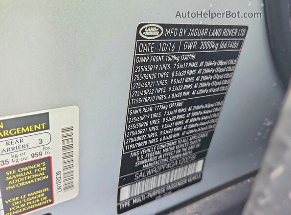 SALWR2PF4GA120239 2016 LAND ROVER RANGE Silver 